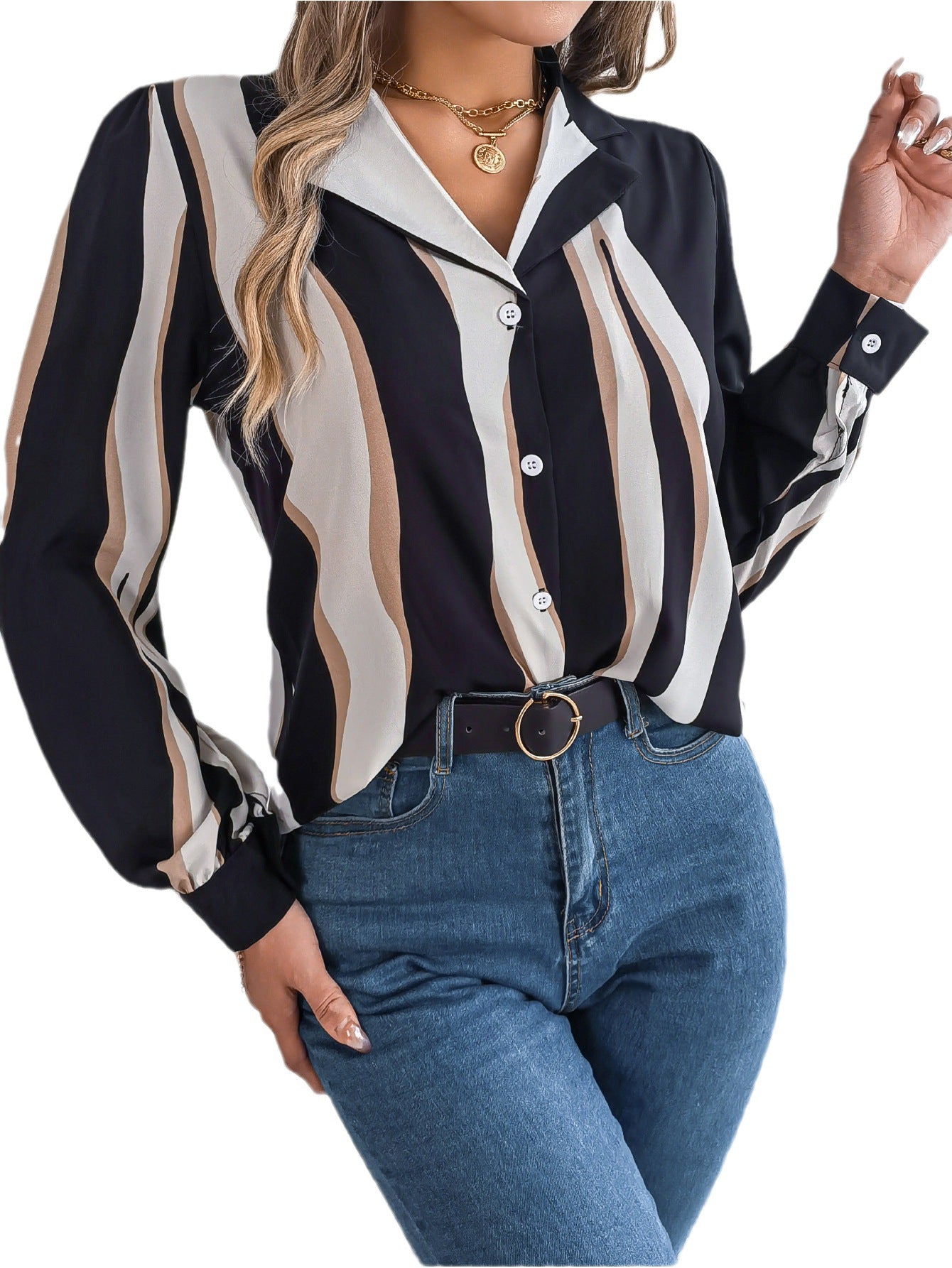 Spring And Summer European And American Casual All-match Contrast Color Striped Suit Collar Long Sleeve Shirt