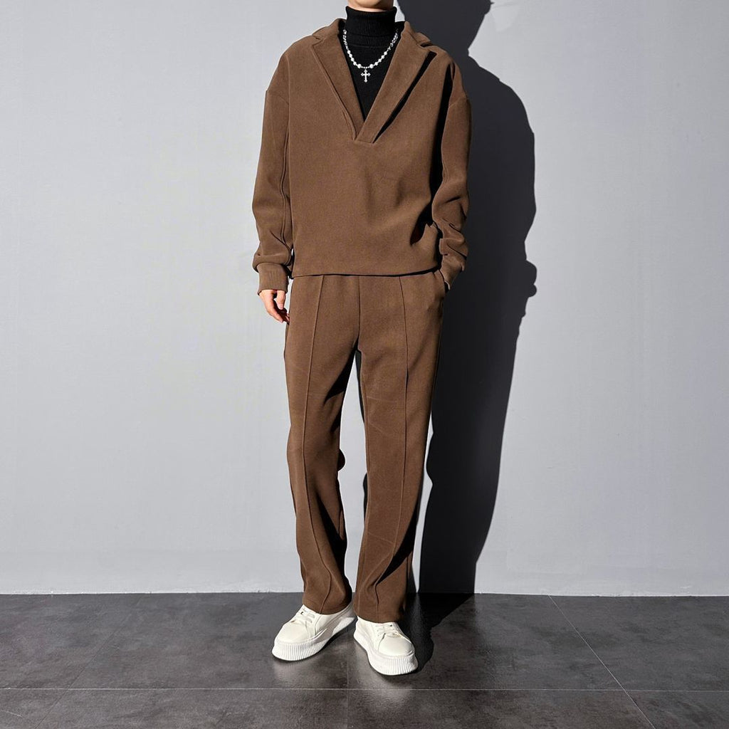 Woolen Casual Suit Men's Suit Collar Loose Solid Color Two-piece Set Side Zipper