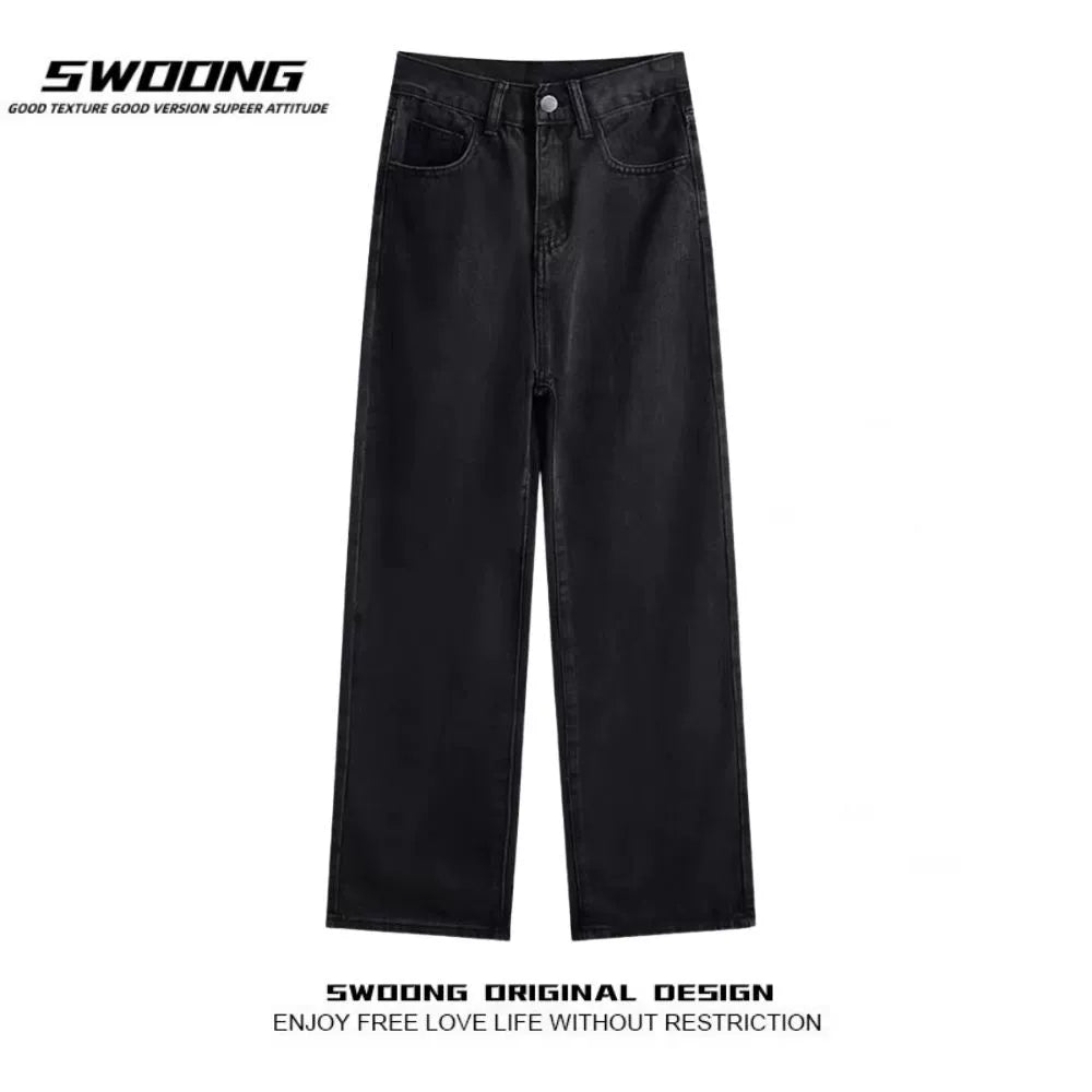 SWOONG American Retro Washed Black Jeans For Men And Women Ins High Street Straight Loose Casual Trousers For Autumn