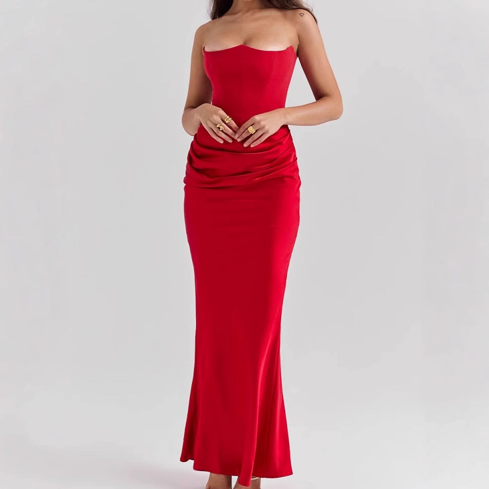 New Waist Hip Dress Satin Tube Pleated Stitching Dress