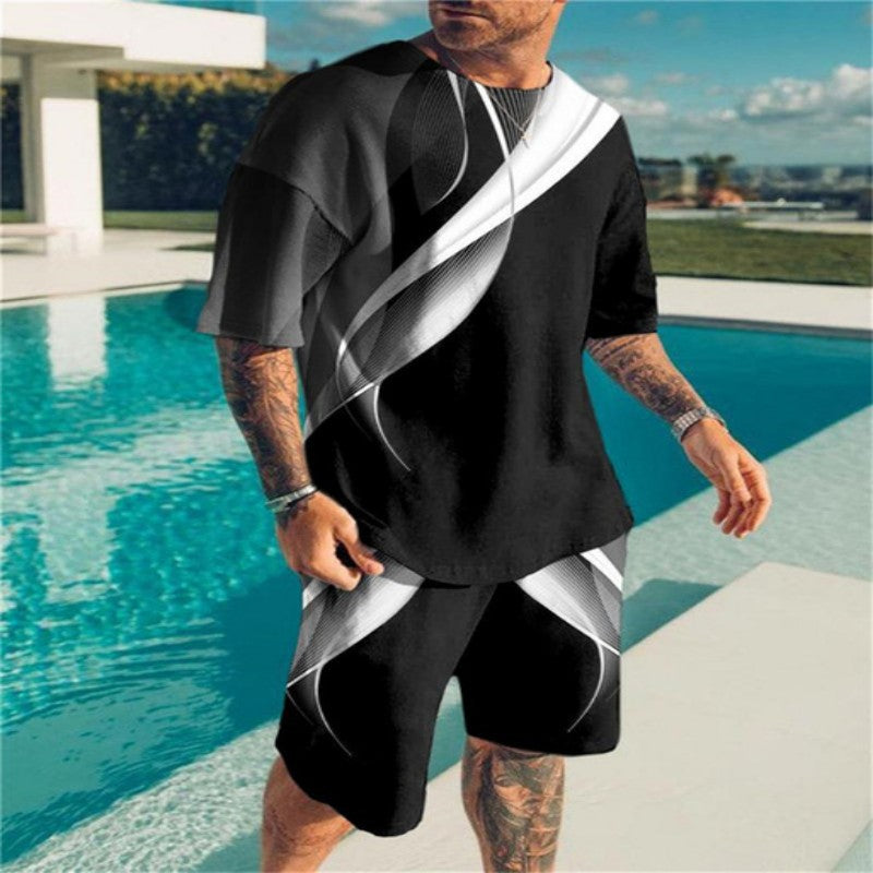 2023 Summer Amazon Cross-border Geometry Digital Printing 3D Men's Casual Beach Pants T-shirt Shorts Set