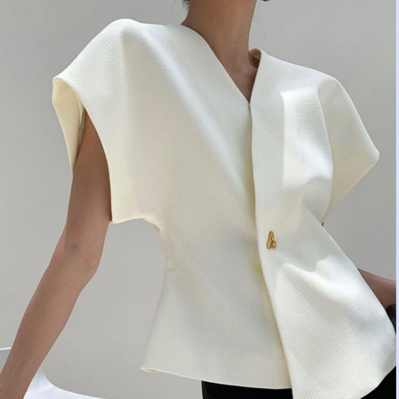 One-Button Vest Suit Fashionable French Elegant Top Asymmetrical Vest Tight Waist Slimming Shoulder Sleeve Women