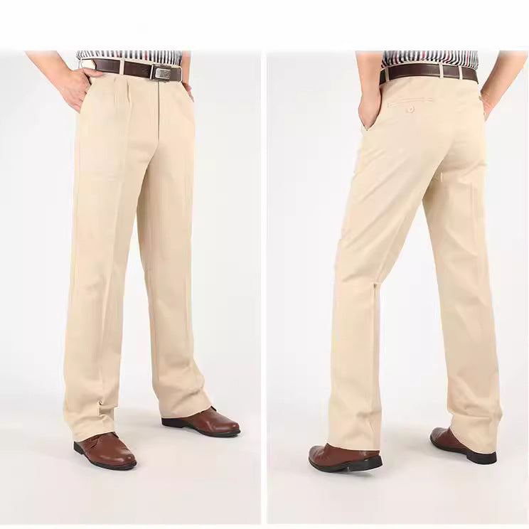 Double Pleated Pure Cotton Men's Casual Trousers Summer Thin Middle-aged And Elderly Loose Straight High Waist Deep Long Pants For Dad