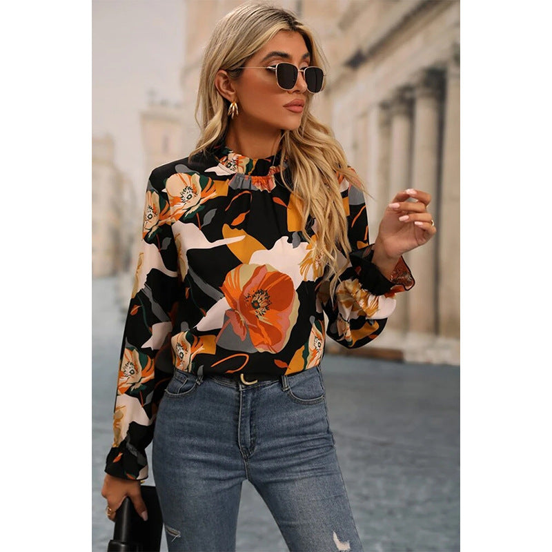 Shiying Autumn Thin Floral Print Pullover For Women 2024 European And American Cross-border Temperament Commuter Contrast Color Chiffon Shirt For Women