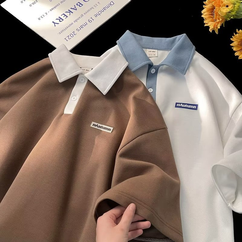 Boys Polo Shirt Summer New American Style Fashion Brand Label Color-matching Lapel Top Short-sleeved T-shirt For Teenagers And Students