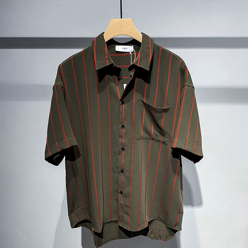Guweige Comfortable Striped Short-sleeved Shirt Men's Summer Thin Ice Silk Breathable Loose Casual Middle-sleeved Shirt