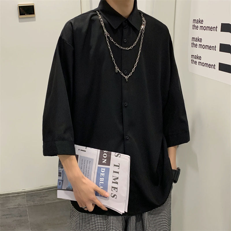 Men's Fashionable Pure Ribbon Necklace Loose Short-sleeved Korean Style Men's And Women's Dark Style All-match Seven-sleeve Shirt