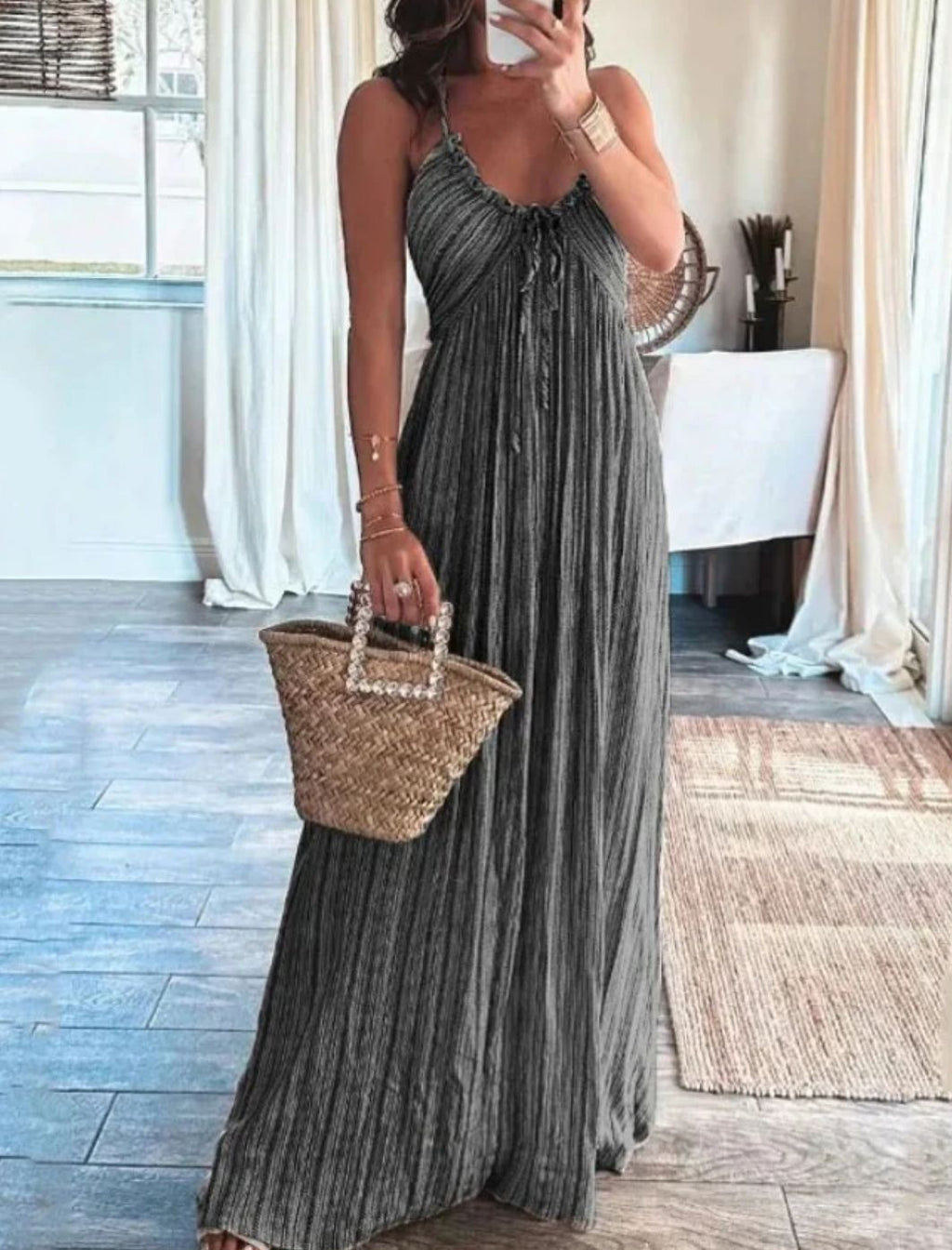 Summer New Solid Color Sexy Backless U-Collar Strap Back Long Dress