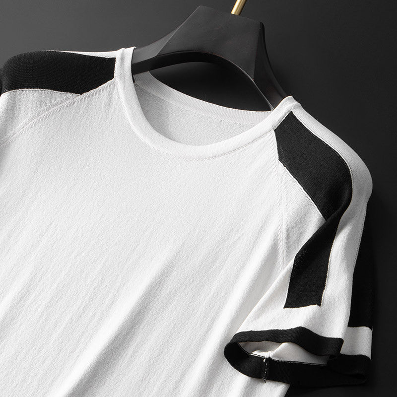 Summer New Short T-shirt Casual Fashion Trendy Color-inserted Knitted Shirt Short-sleeved T-shirt Men's Round Neck Simple And Comfortable