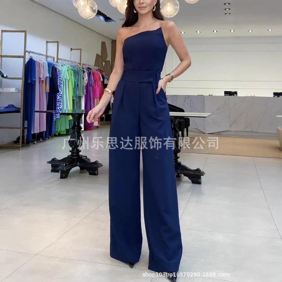 Women's Clothing High Waist Elegant Strapless Short Top High Waist Pocket Wide Leg Pants Suit Women