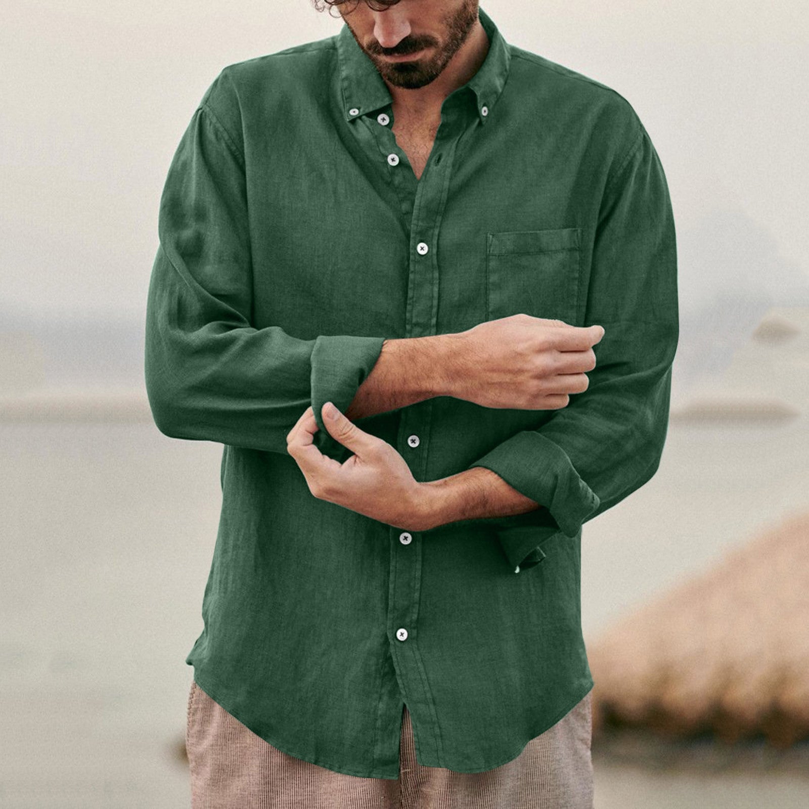 Solid Color  Cotton Linen Loose Men&amp;amp;#039;s Shirts