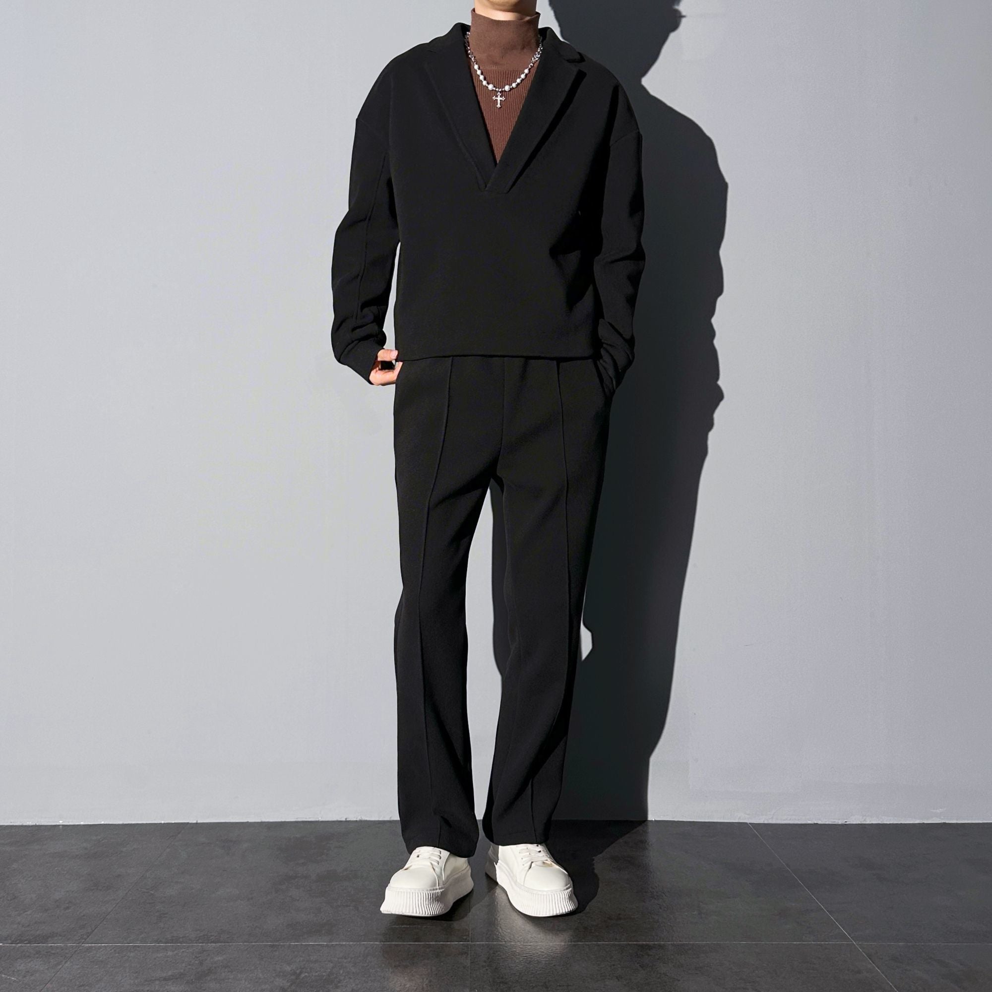 Woolen Casual Suit Men's Suit Collar Loose Solid Color Two-piece Set Side Zipper