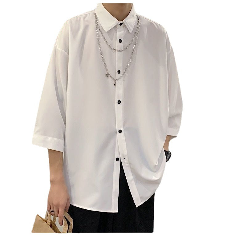 Men's Fashionable Pure Ribbon Necklace Loose Short-sleeved Korean Style Men's And Women's Dark Style All-match Seven-sleeve Shirt