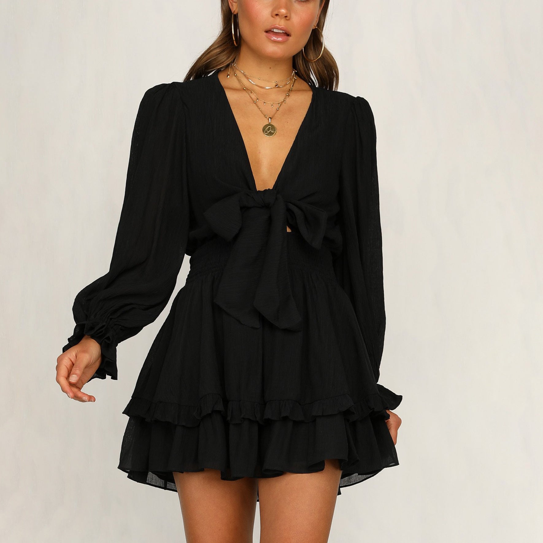 New European And American Spring And Autumn V-neck Long Sleeve Puff Sleeve Solid Color Lace-up Ruffled Dress
