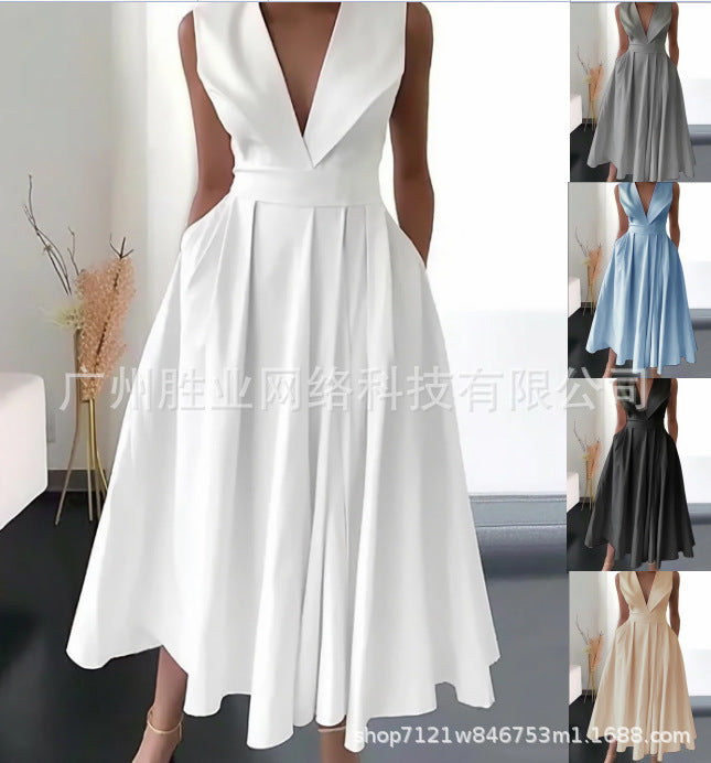 Summer Sleeveless Waist Slip Pocket Large Swing Mid-length Dress