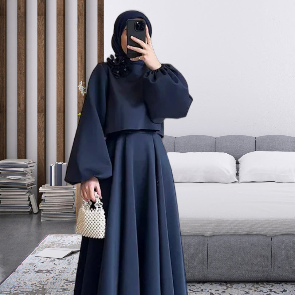 Spring New Middle East Dubai Flower Design Lantern Sleeve Dress Women's Dress Suit Two-piece Set