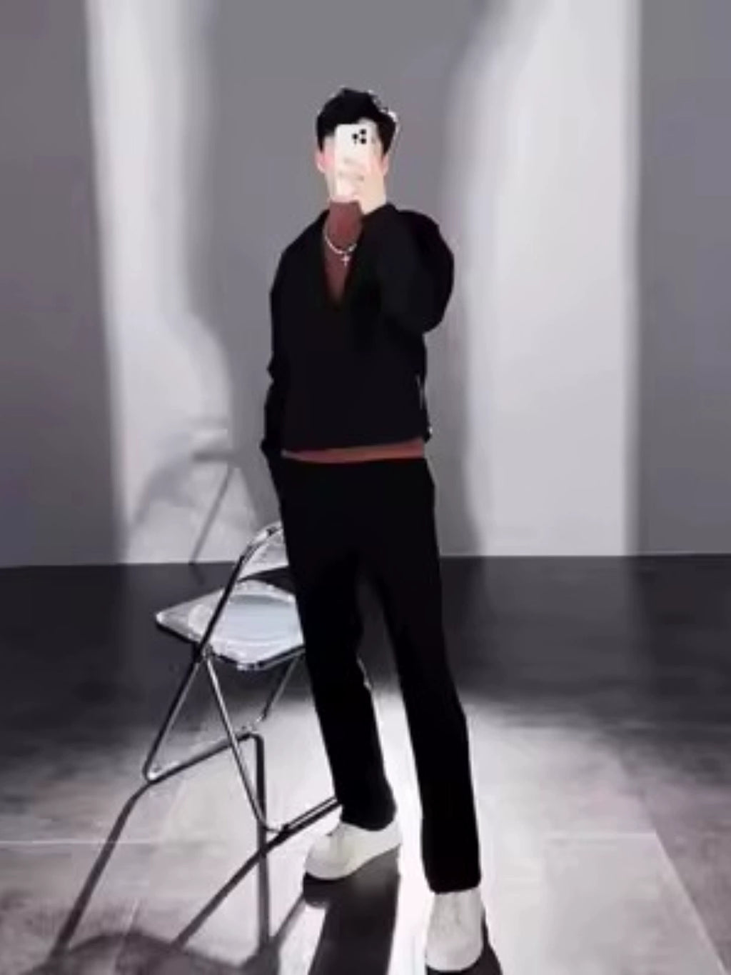 V-neck Pullover Woolen Casual Suit Men's Suit Collar Loose Solid Color Two-piece Suit Side Zipper