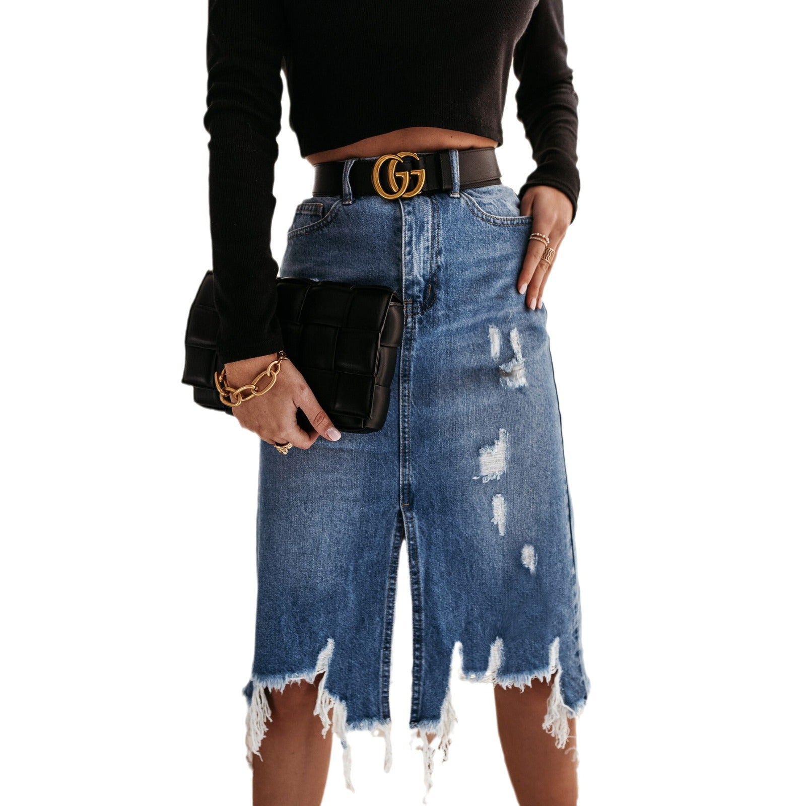 Summer New Cross-border European And American Denim Skirt Women's Elegant Washed Irregular Ripped Tassel Midi Skirt