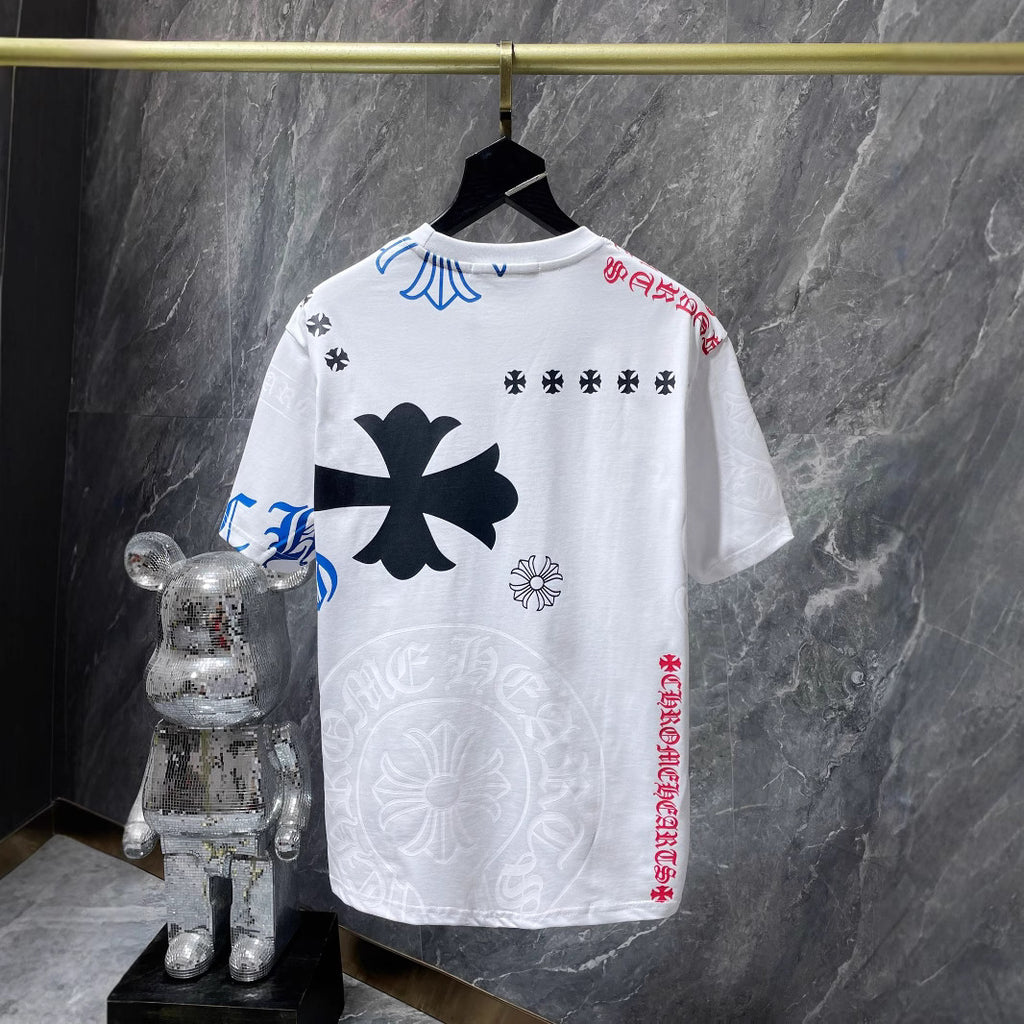 Cross-Border 2025 Summer New Style Ch Crow Horseshoe Print Cross Sanskrit Printed Short-Sleeved T-Shirt For Men And Women