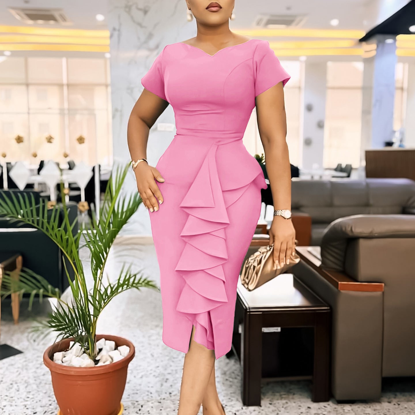 Women's New Short-sleeved Solid Color Package Hip Ruffled High Waist Tongle African Dress