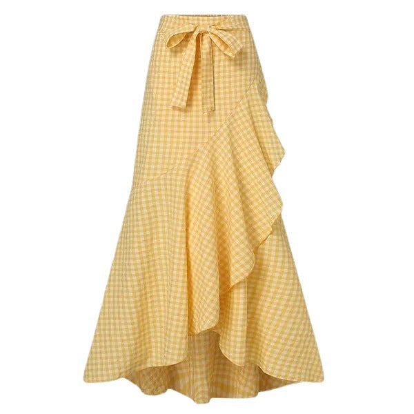 Women's Plaid Mermaid Skirt Ruffled Irregular Hem High Waist Casual Umbrella Wrap Maxi Skirt