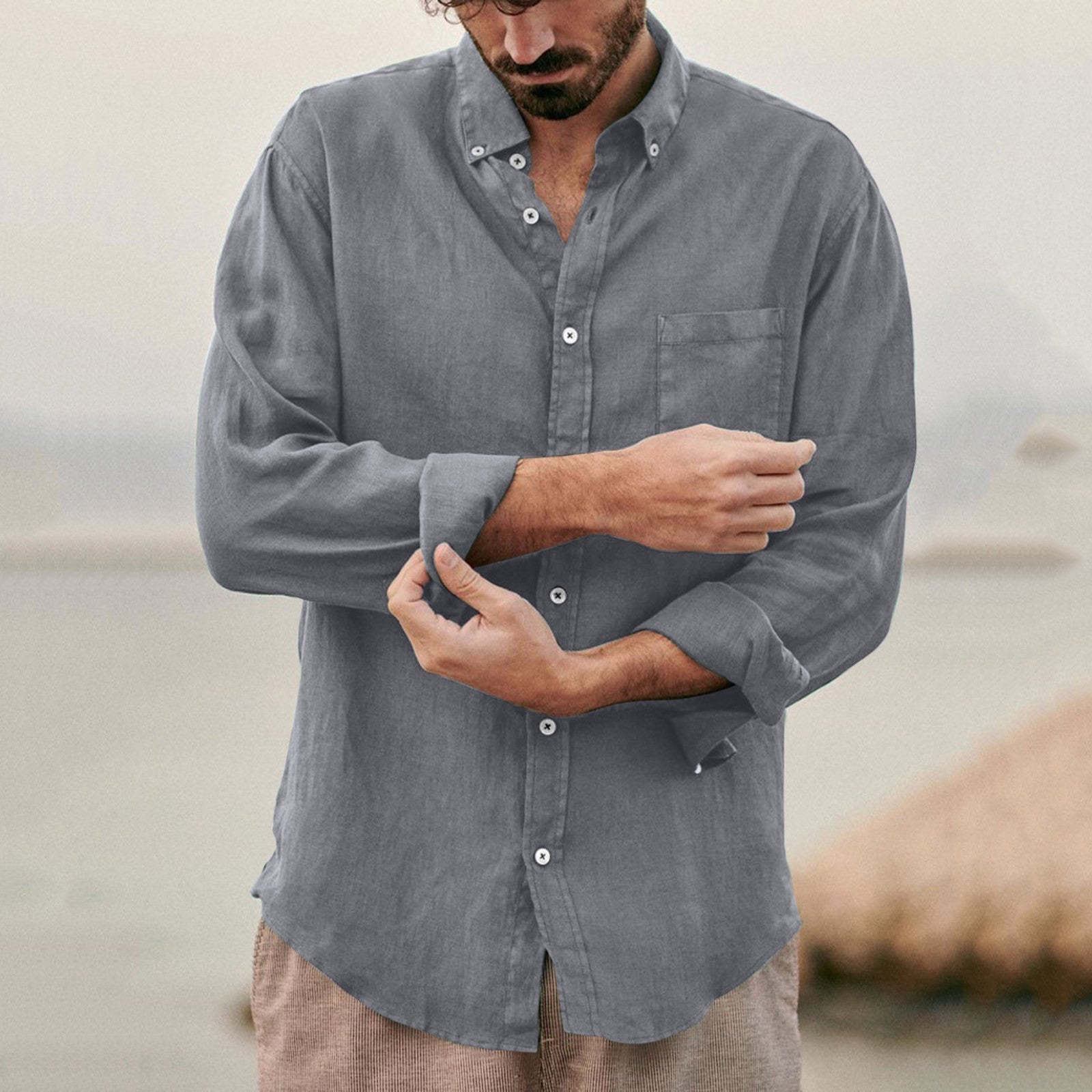Solid Color  Cotton Linen Loose Men&amp;amp;#039;s Shirts