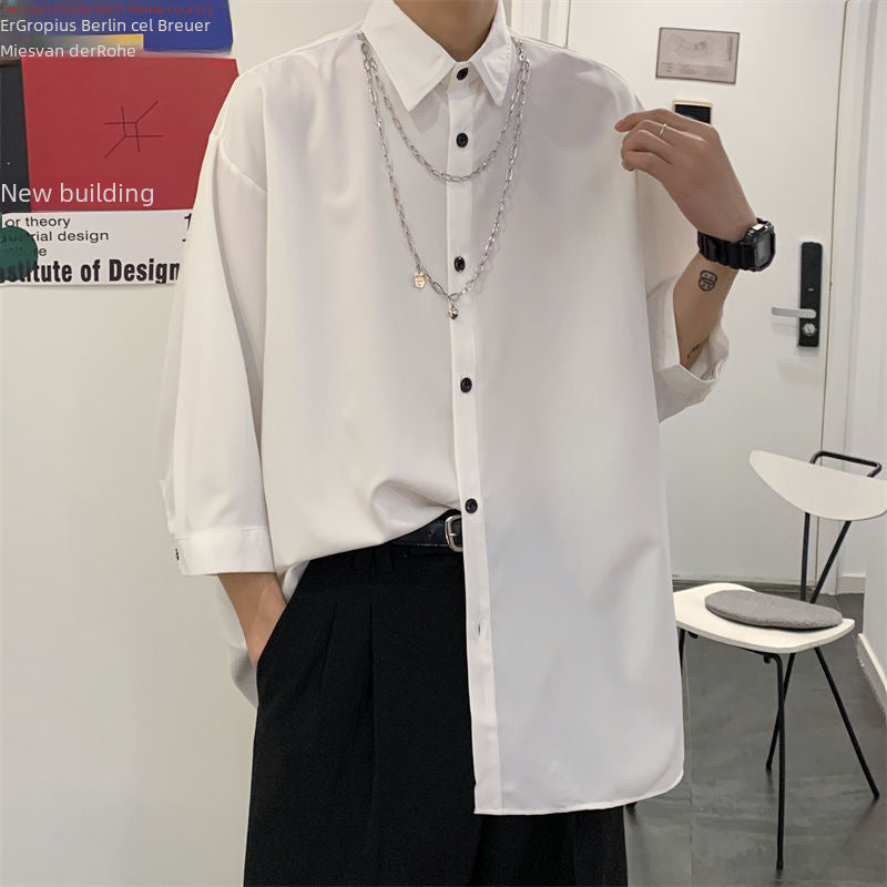 Men's Fashionable Pure Ribbon Necklace Loose Short-sleeved Korean Style Men's And Women's Dark Style All-match Seven-sleeve Shirt