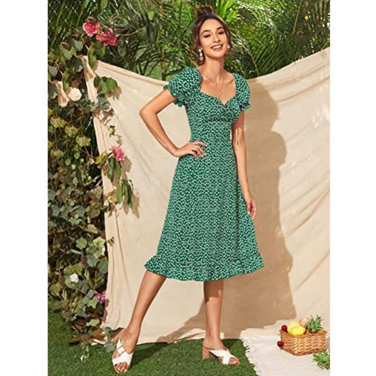 Spring And Summer Women's Floral Printed Mid-length Short-sleeved High Waist Dress