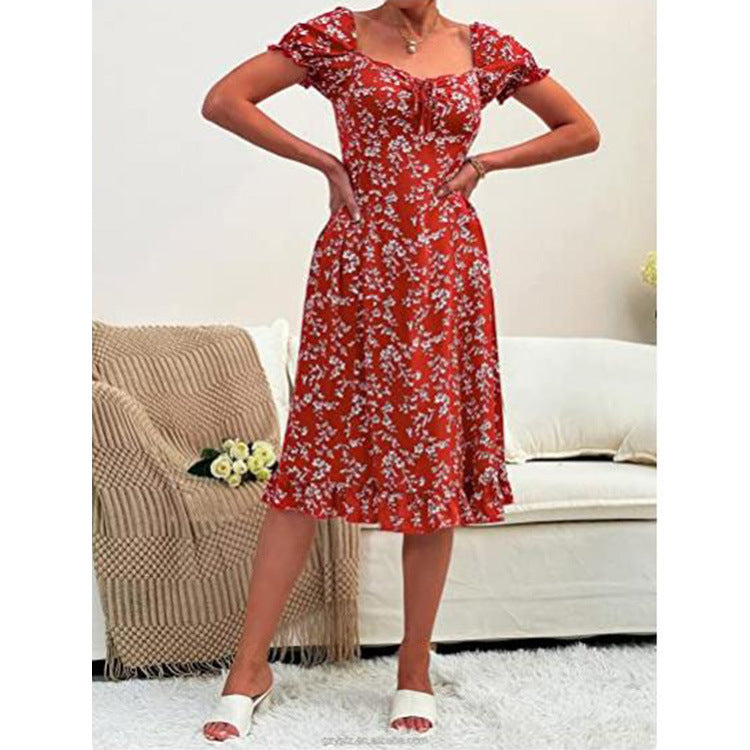 Spring And Summer Women's Floral Printed Mid-length Short-sleeved High Waist Dress
