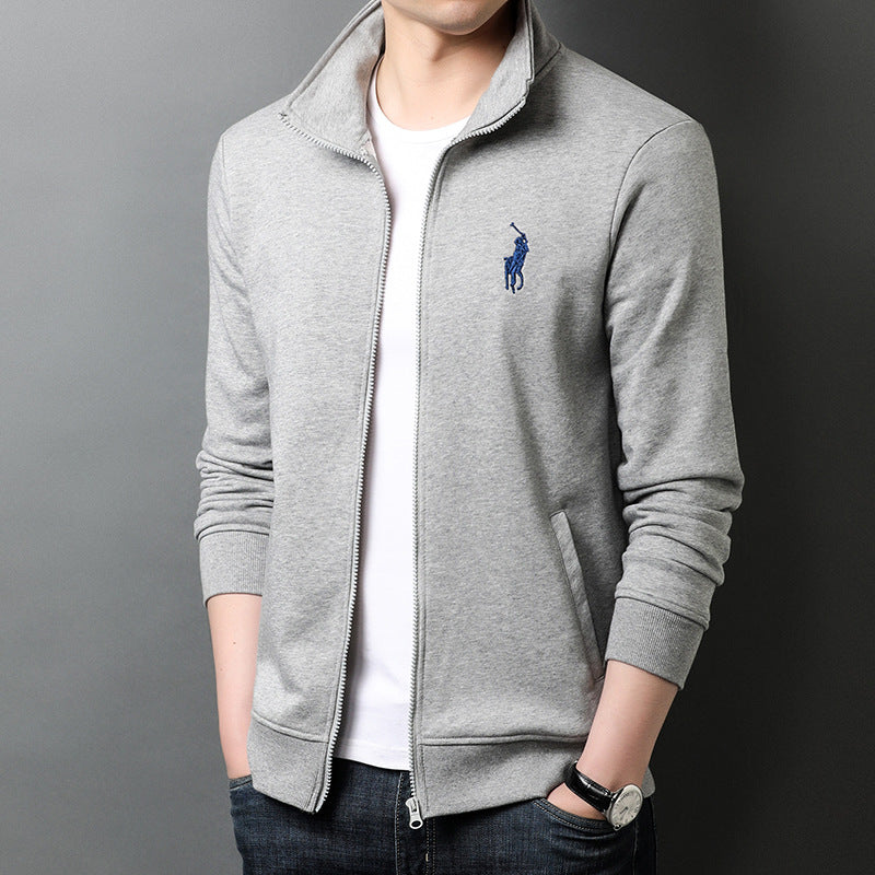 Autumn New Sports Jacket Men's Embroidery Solid Color Cardigan Sweater Zipper Stand Collar Top Casual Jacket Men's Clothing