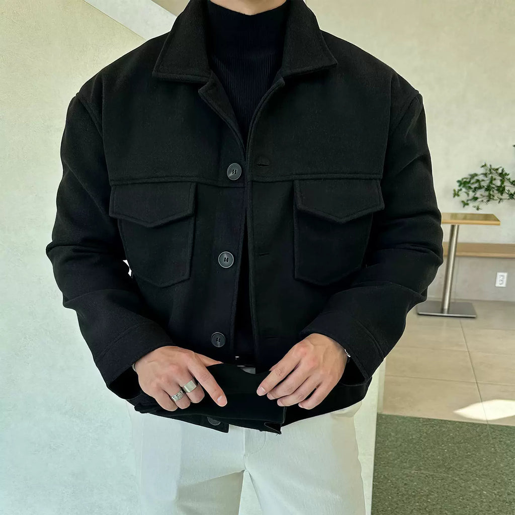 Black Lapel Short Jacket Men's Autumn And Winter Korean Version 2024 New High-end Double Pocket Thickened Jacket