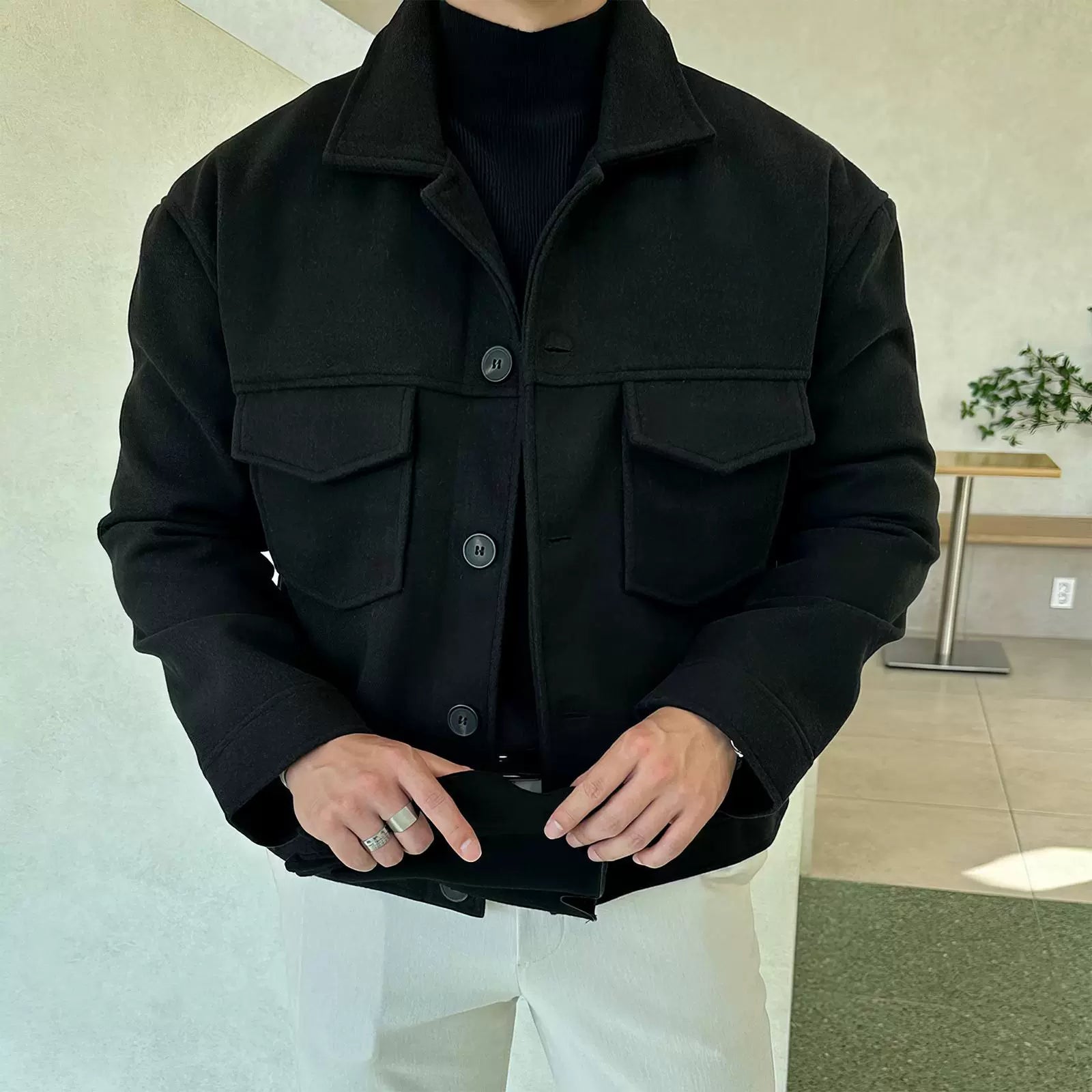 Black Lapel Short Jacket Men's Autumn And Winter Korean Version 2024 New High-end Double Pocket Thickened Jacket