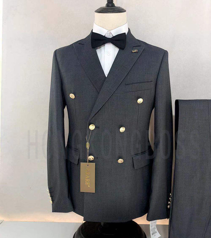 Foreign Trade Popular Men&amp;#039;s Suit Two-piece Golden Double-breasted Flat Lapel Large Size Suit Light Business Four Seasons Spot