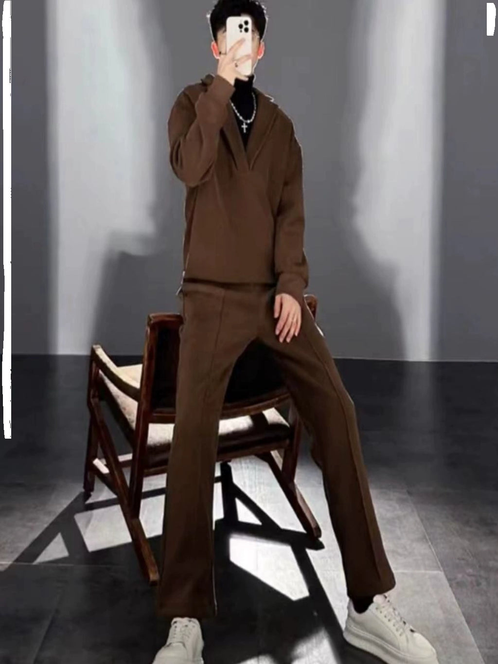 V-neck Pullover Woolen Casual Suit Men's Suit Collar Loose Solid Color Two-piece Suit Side Zipper