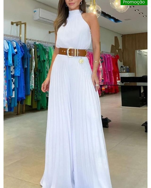 New Elegant Round Neck Solid Color Waist Loose Pleated Dress