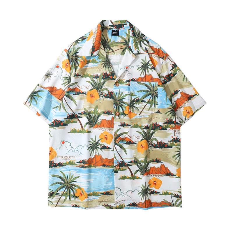 Coconut Tree Printed Shirt Mens&amp;#039; Summer  New Seaside Loose Hong Kong Style Hawaiian Short-sleeved Shirt