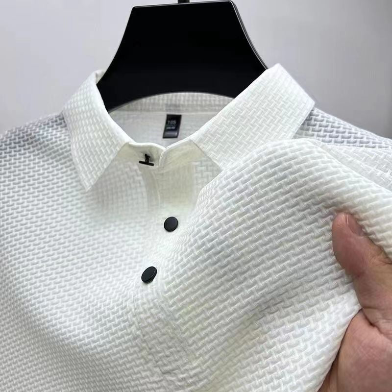 High-end Mesh Ice Silk Short-sleeved Summer Men's Shirt Collar Solid Color Paul Slip Material Polo Shirt Half-sleeved Men's Clothing