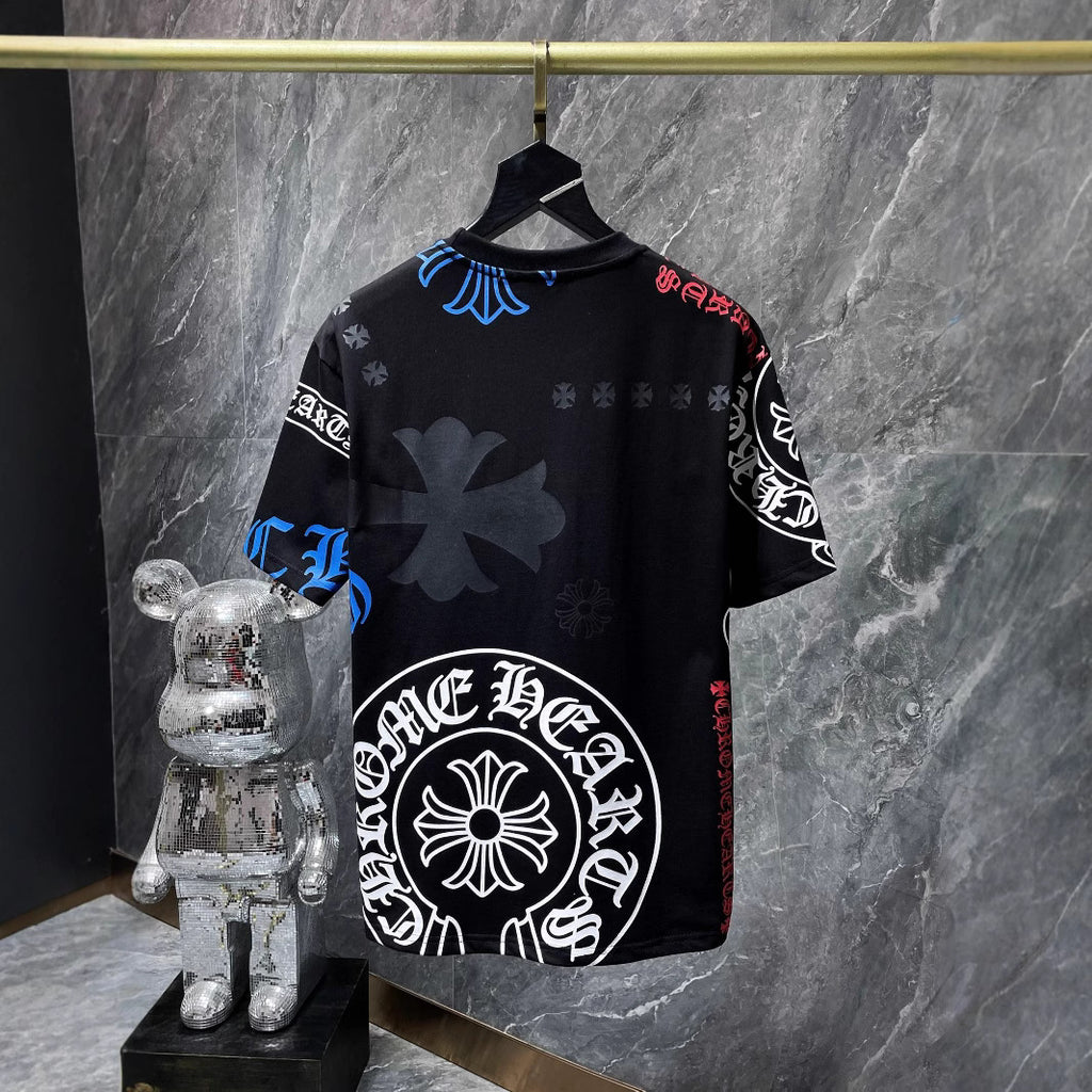 Cross-Border 2025 Summer New Style Ch Crow Horseshoe Print Cross Sanskrit Printed Short-Sleeved T-Shirt For Men And Women