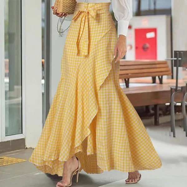 Women's Plaid Mermaid Skirt Ruffled Irregular Hem High Waist Casual Umbrella Wrap Maxi Skirt