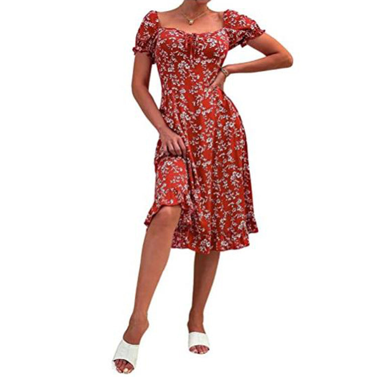 Spring And Summer Women's Floral Printed Mid-length Short-sleeved High Waist Dress