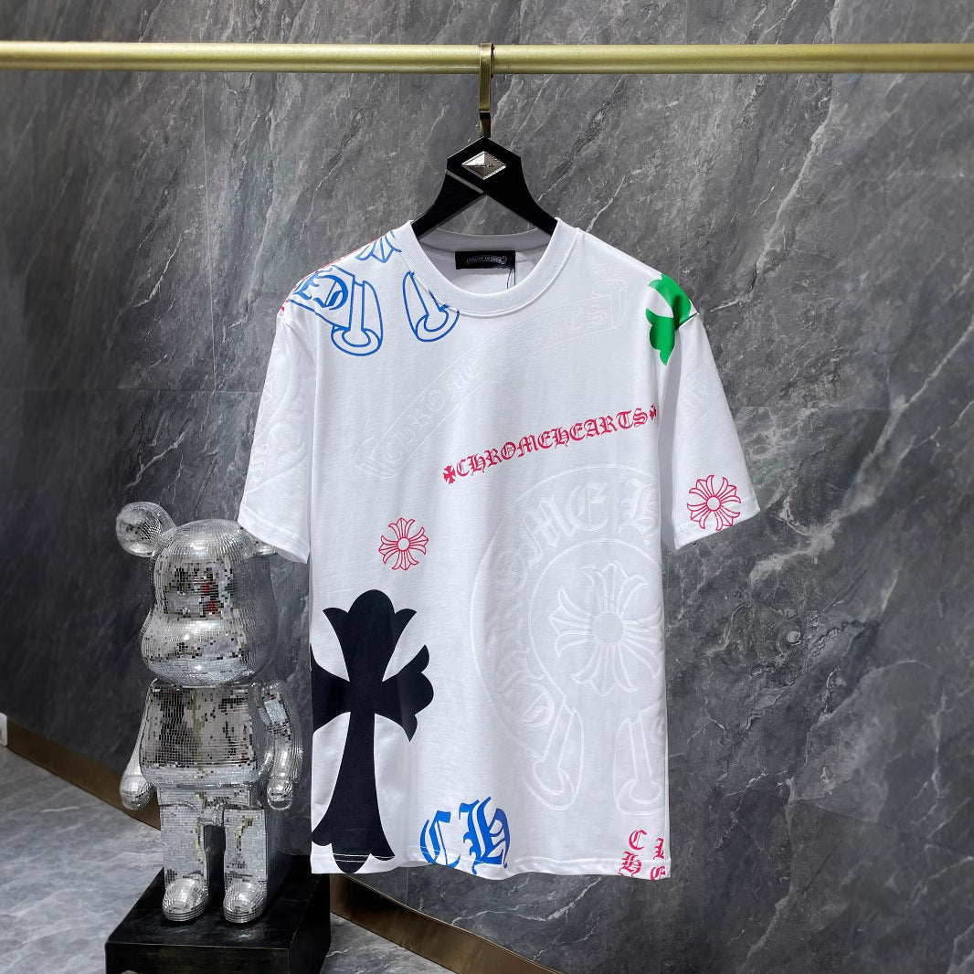 Cross-Border 2025 Summer New Style Ch Crow Horseshoe Print Cross Sanskrit Printed Short-Sleeved T-Shirt For Men And Women