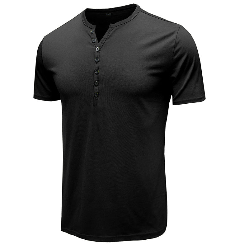 2023 Cross-border Summer New Foreign Trade Men&amp;amp;#039;s Clothing European And American Men&amp;amp;#039;s Henley Shirt Short-sleeved Men&amp;amp;#039;s T-shirt Solid Color Top