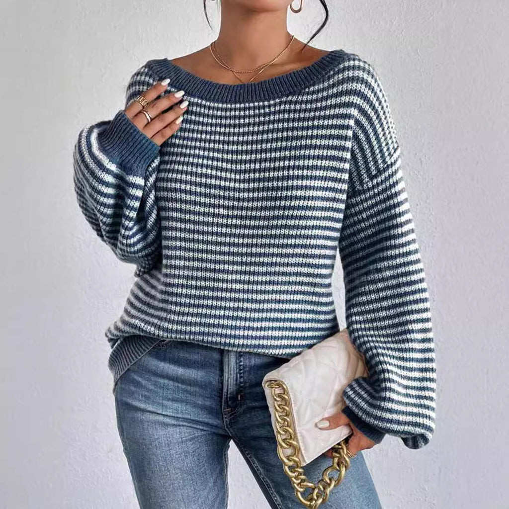 One-Neck Sweater All-Match Loose Contrast Striped Lantern Sleeve Lazy Women's Pullover Sweater