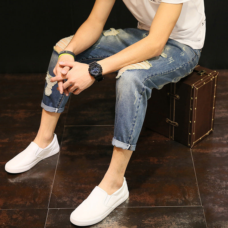 Spring And Autumn Ripped Cropped Pants Men's Loose Jeans Japanese Style Skinny Student Plus Size Cropped Beggar Pants Trendy 5198