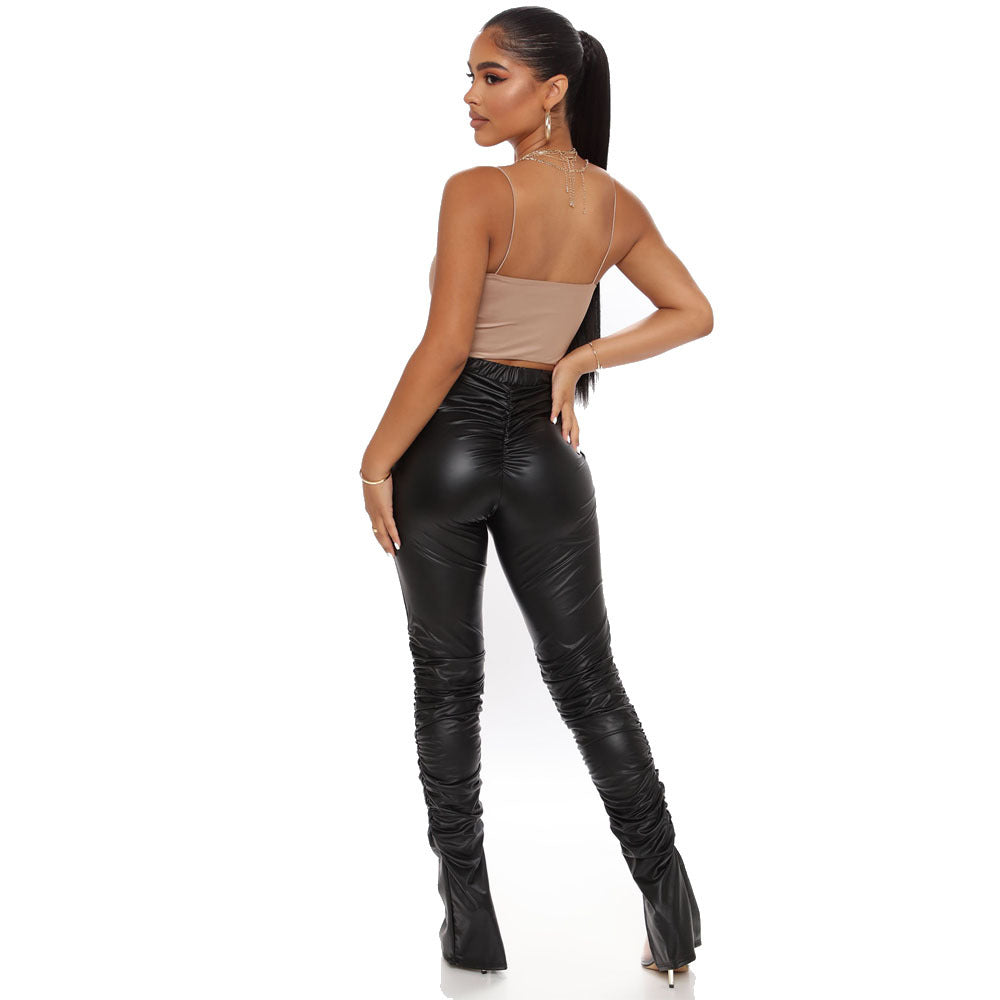 Fashion Sexy Tight Pleated High Waist Stretch Split PU Leather Pants