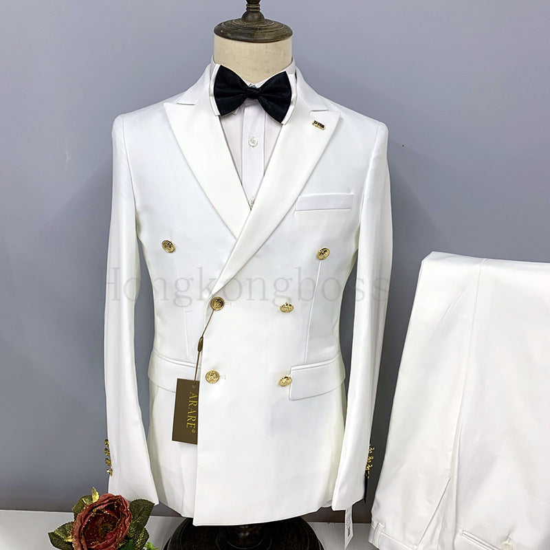 Foreign Trade Popular Men&amp;#039;s Suit Two-piece Golden Double-breasted Flat Lapel Large Size Suit Light Business Four Seasons Spot