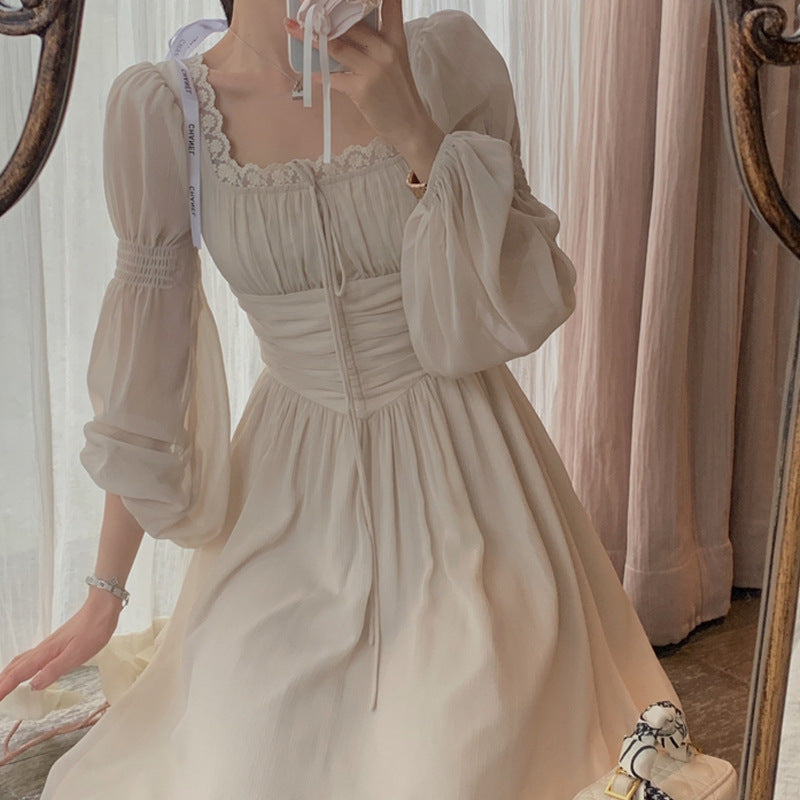 Bubble Sleeve Square Collar Large Skirt Elegant Fairy Skirt Texture High-end French Dress For Women