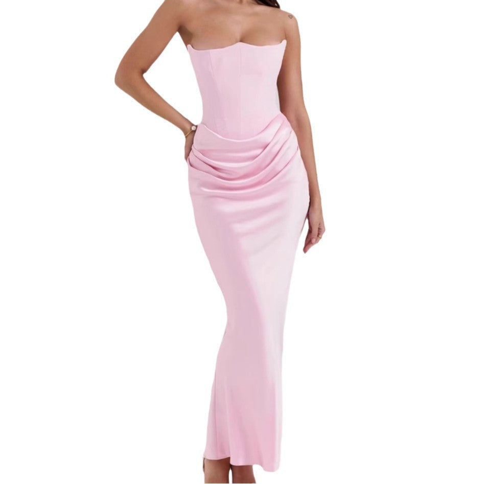 New Waist Hip Dress Satin Tube Pleated Stitching Dress