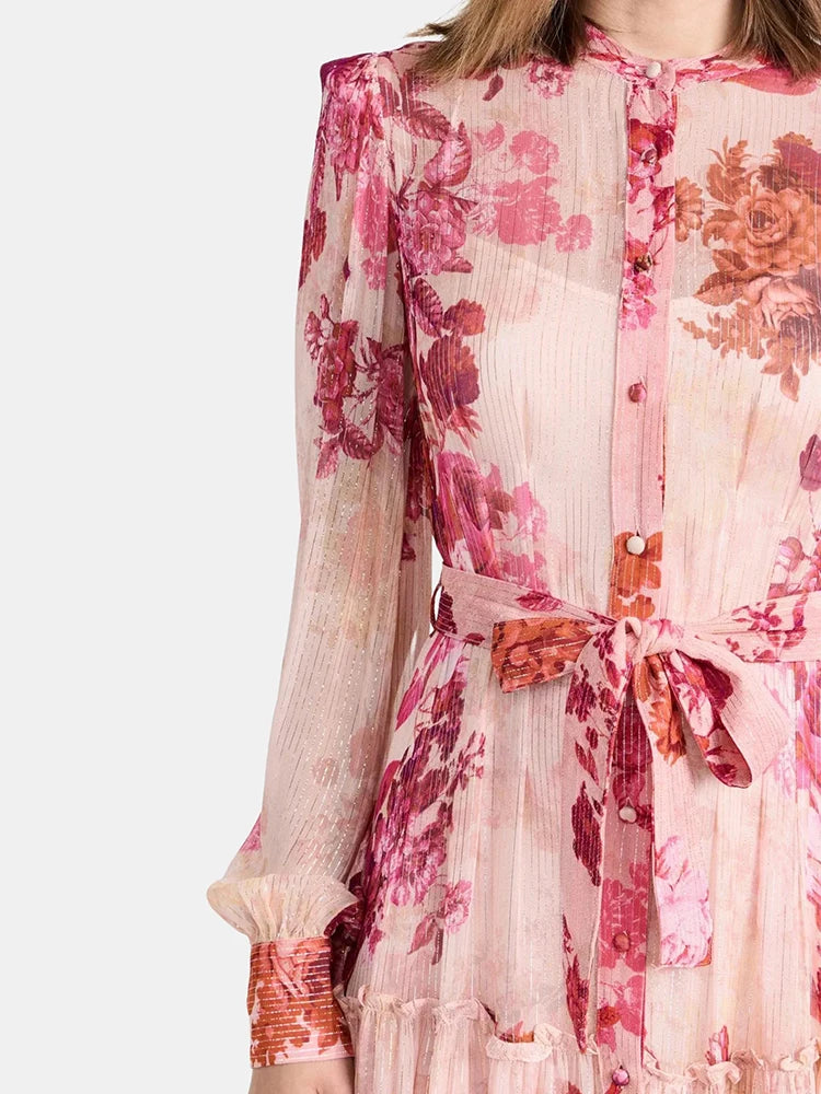 VGH Patchwork Lace Up Printing Vintage Dresses For Women Round Neck Long Sleeve High Waist Spliced Button Elegant Dress Female