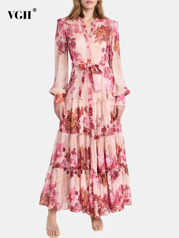 VGH Patchwork Lace Up Printing Vintage Dresses For Women Round Neck Long Sleeve High Waist Spliced Button Elegant Dress Female